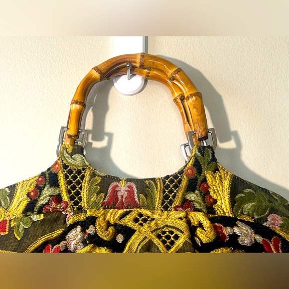 Talbots Vintage Floral Tapestry Satchel Handbag with Stained Bamboo Handles - Picture 3 of 14